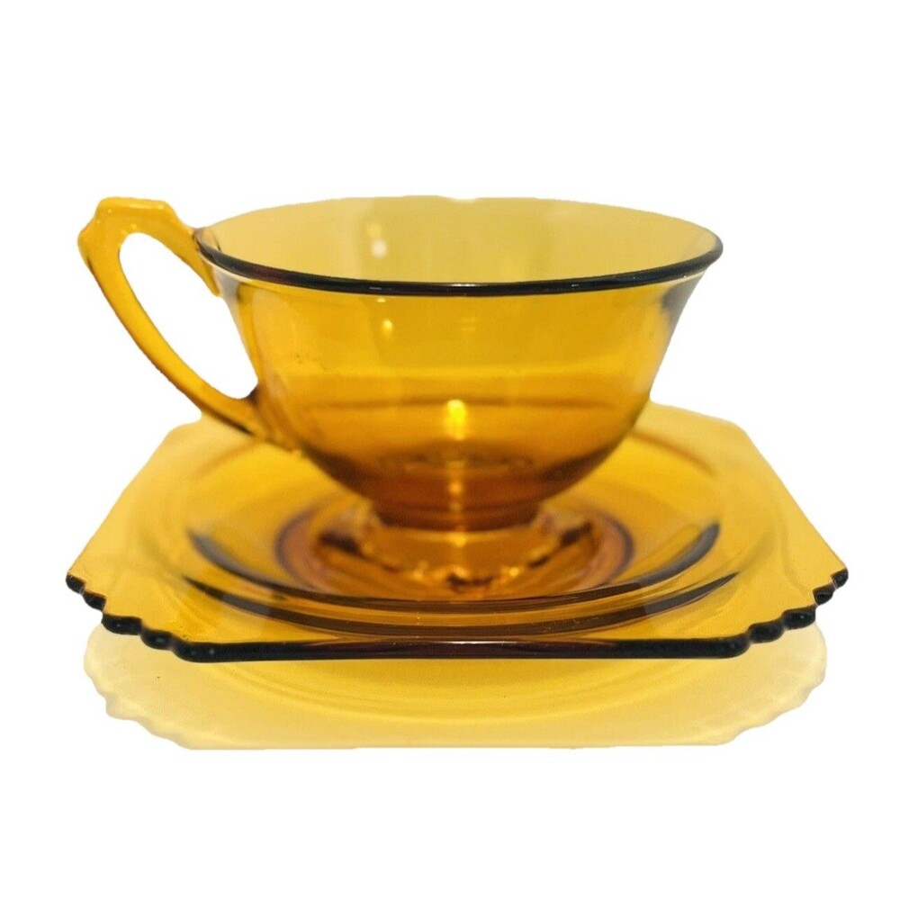 Diamond Glass Charade Amber Cup & Saucer 1930s Elegant Depression